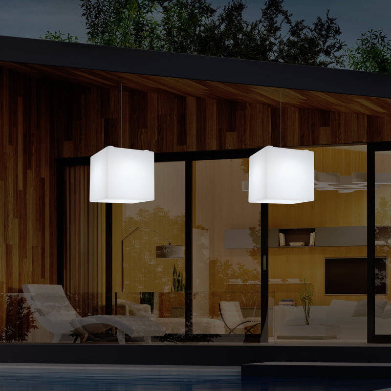 Hängeleuchte für Außenveranda, netzbetriebene LED Pendelleuchte, 30 cm Würfel, Cube mit Farbwechsel