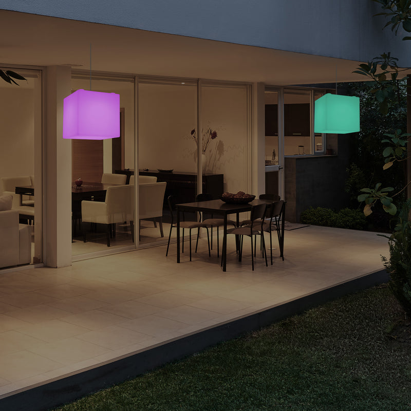 Netzbetriebene Garten Terrassen Hängeleuchte, 20 cm LED Würfel Deckenlampe mit RGB Farbwechsel