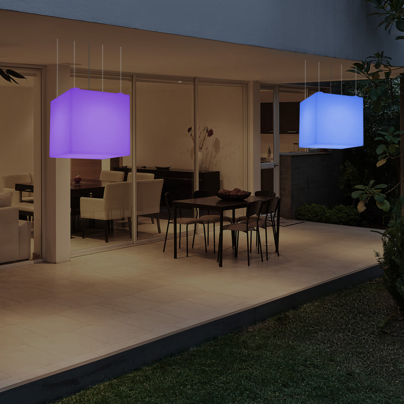 LED Hängeleuchte, Outdoor, Balkon im Freien netzbetriebene 40 cm Würfel Pendeleuchte, mehrfarbig