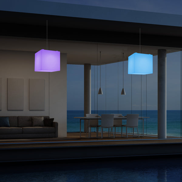 Netzbetriebene Garten Terrassen Hängeleuchte, 20 cm LED Würfel Deckenlampe mit RGB Farbwechsel