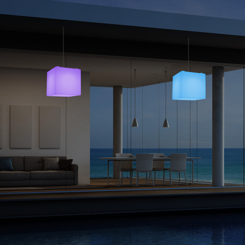 Netzbetriebene Garten Terrassen Hängeleuchte, 20 cm LED Würfel Deckenlampe mit RGB Farbwechsel