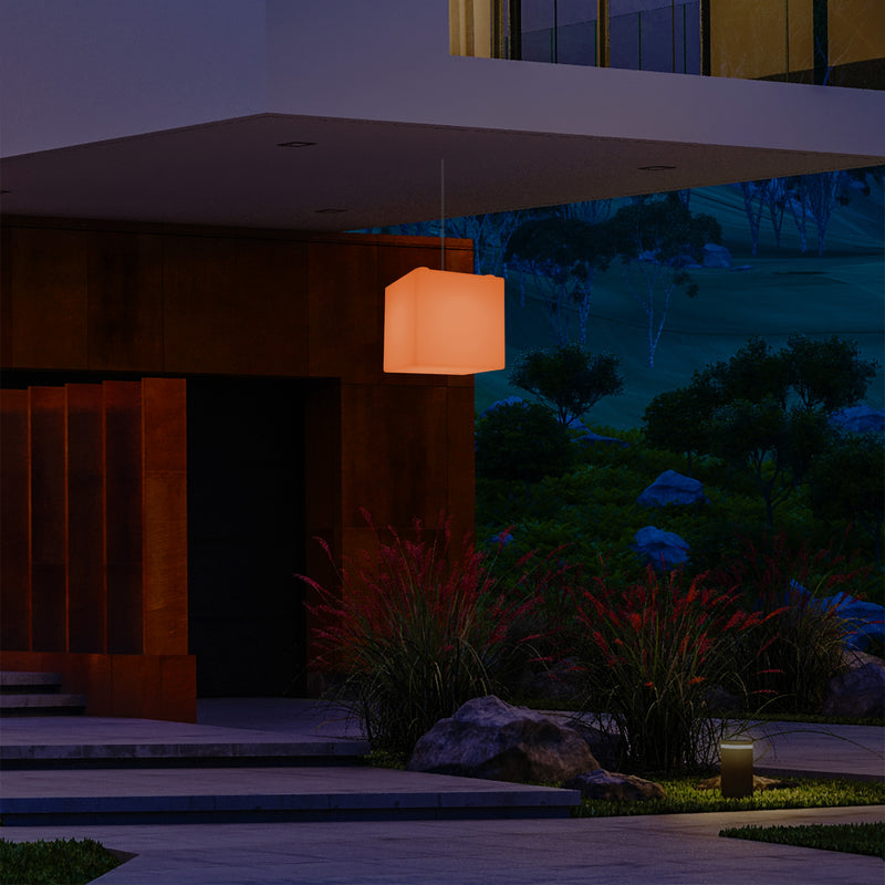 Netzbetriebene Garten Terrassen Hängeleuchte, 20 cm LED Würfel Deckenlampe mit RGB Farbwechsel