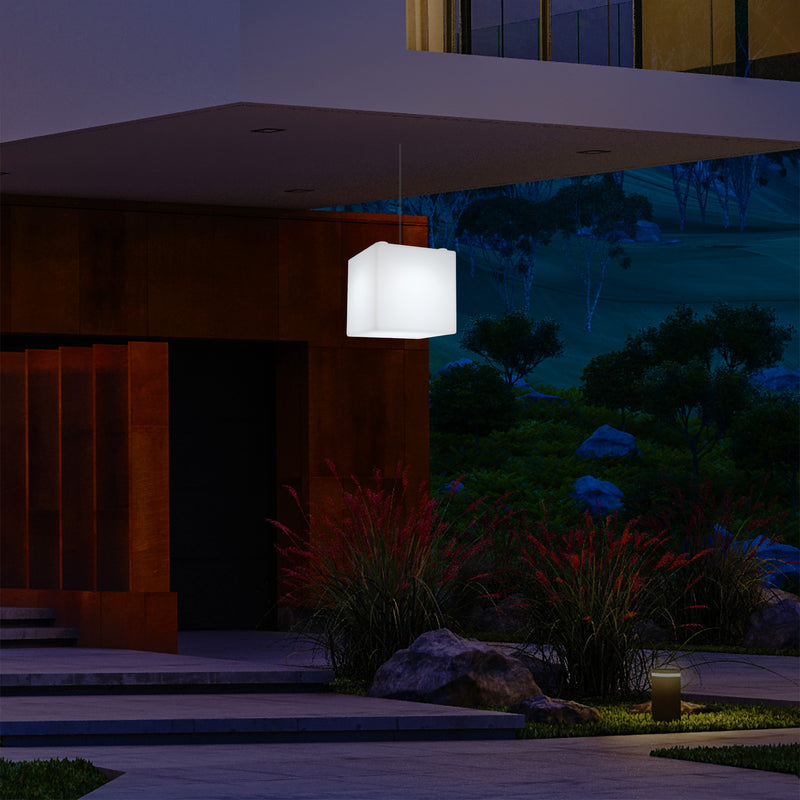 Netzbetriebene Garten Terrassen Hängeleuchte, 20 cm LED Würfel Deckenlampe mit RGB Farbwechsel