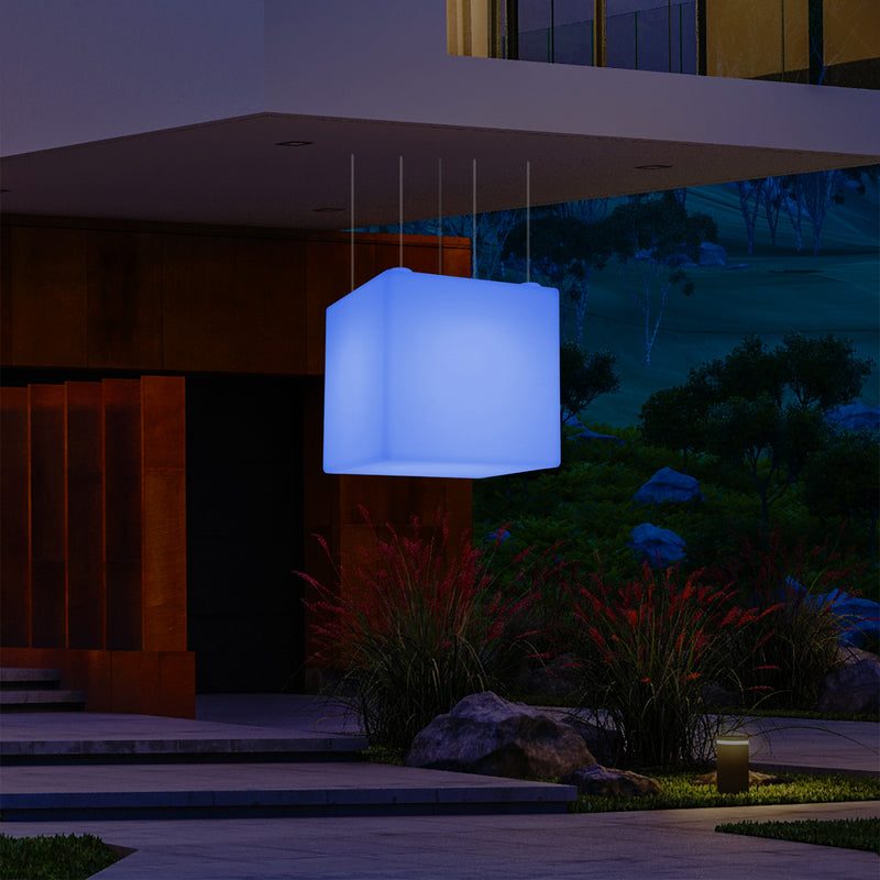 Outdoor Hängeleuchte für den Garten, netzbetriebene LED Pendelleuchte, 60 cm Würfel, Farbwechsel