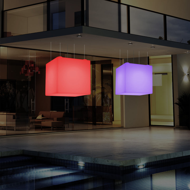 Outdoor Hängeleuchte für den Garten, netzbetriebene LED Pendelleuchte, 60 cm Würfel, Farbwechsel