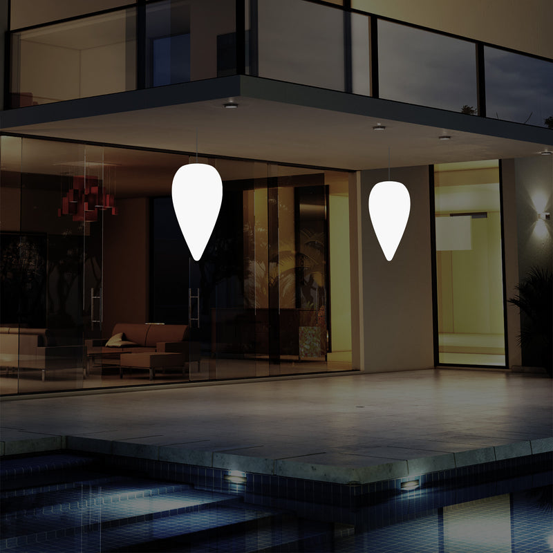 Outdoor Hängeleuchte für die Terrasse, netzbetriebene LED Pendelleuchte, 37 cm Wassertropfen, RGB