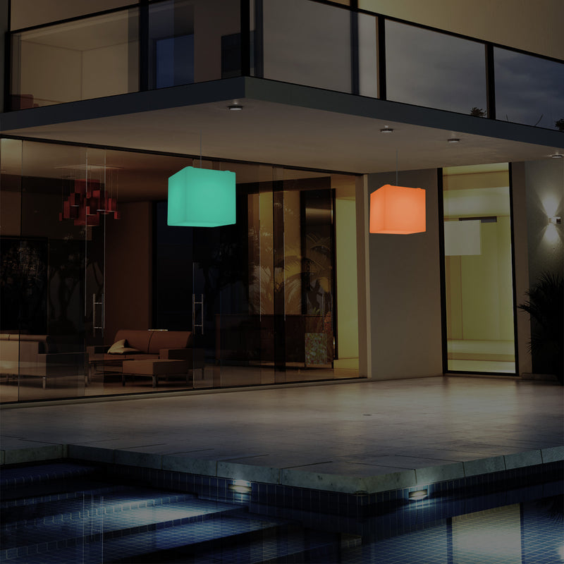 Netzbetriebene Garten Terrassen Hängeleuchte, 20 cm LED Würfel Deckenlampe mit RGB Farbwechsel