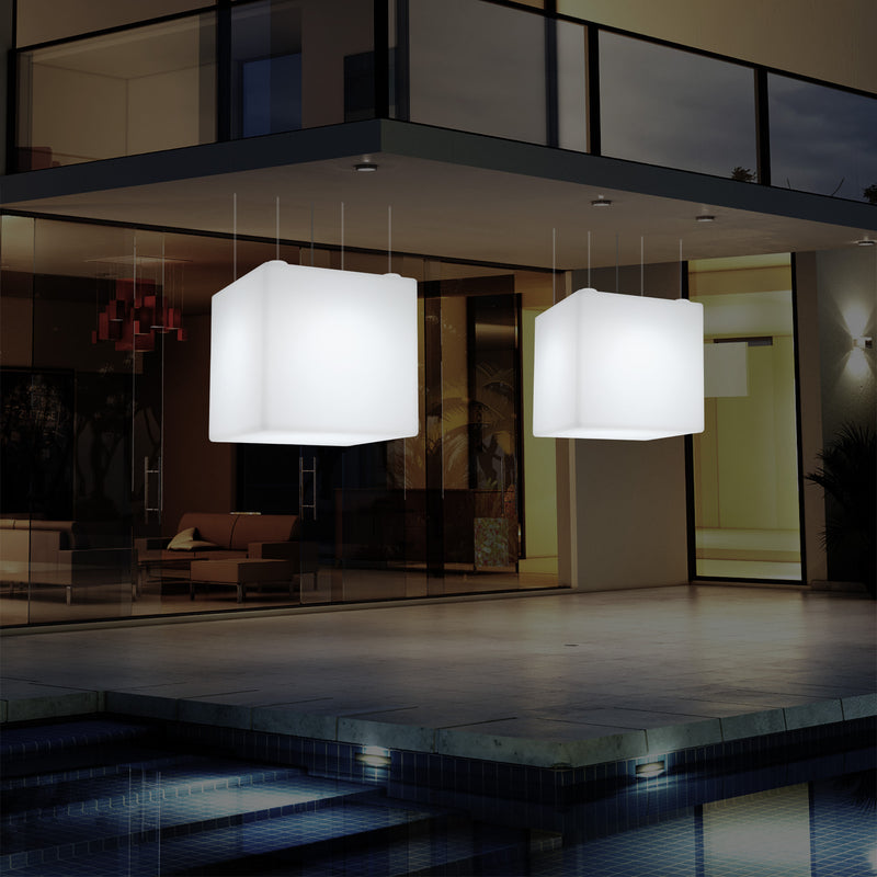 Outdoor Hängeleuchte für den Garten, netzbetriebene LED Pendelleuchte, 60 cm Würfel, Farbwechsel