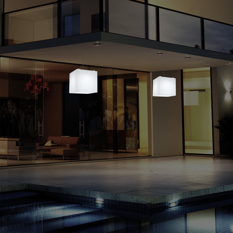 Netzbetriebene Garten Terrassen Hängeleuchte, 20 cm LED Würfel Deckenlampe mit RGB Farbwechsel