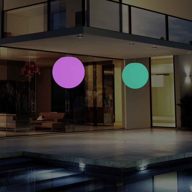 Balkon Außenleuchte, netzbetriebene LED Pendelleuchte, Ball 30 cm Kugel Hängelampe, mehrfarbig