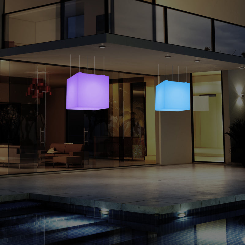 LED Hängeleuchte, Outdoor, Balkon im Freien netzbetriebene 40 cm Würfel Pendeleuchte, mehrfarbig