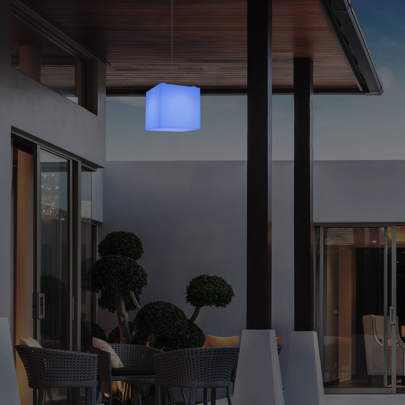 Netzbetriebene Garten Terrassen Hängeleuchte, 20 cm LED Würfel Deckenlampe mit RGB Farbwechsel