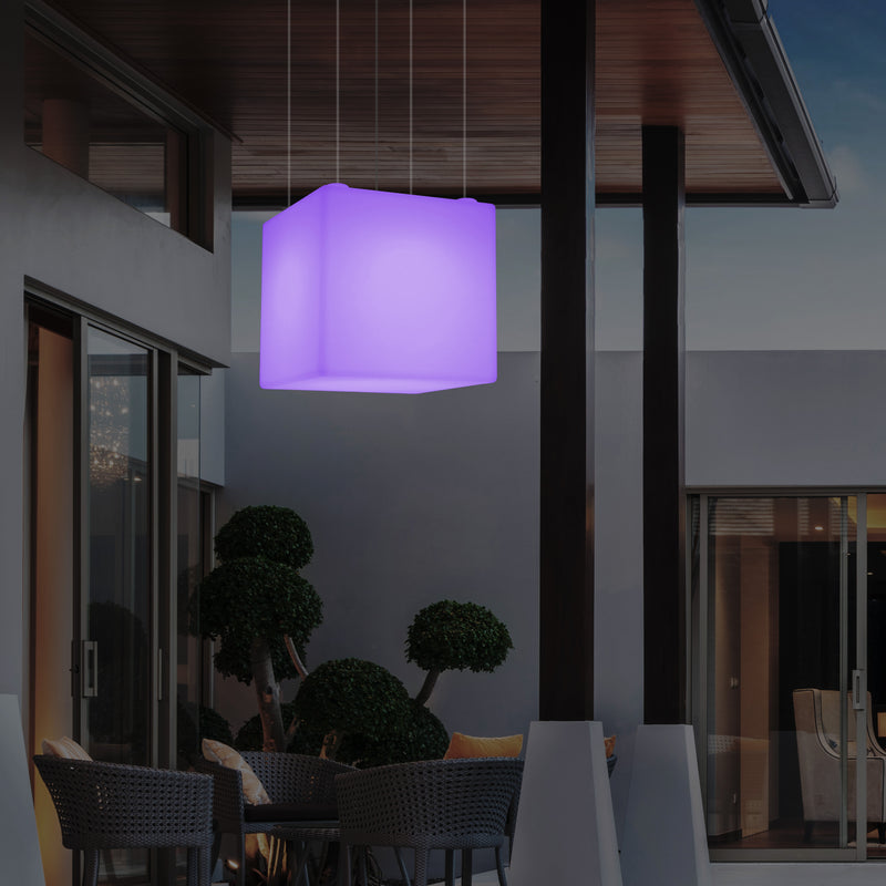 Outdoor Hängeleuchte für den Garten, netzbetriebene LED Pendelleuchte, 60 cm Würfel, Farbwechsel