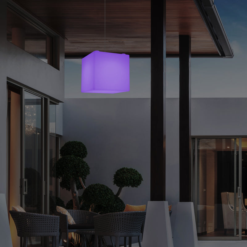 Hängeleuchte für Außenveranda, netzbetriebene LED Pendelleuchte, 30 cm Würfel, Cube mit Farbwechsel