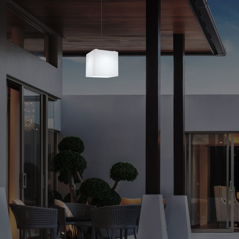 Netzbetriebene Garten Terrassen Hängeleuchte, 20 cm LED Würfel Deckenlampe mit RGB Farbwechsel