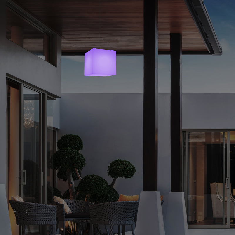 LED Hängelampe für den Garten, netzbetriebene 15 cm Outdoor Würfel Hängeleuchte, Multicolor
