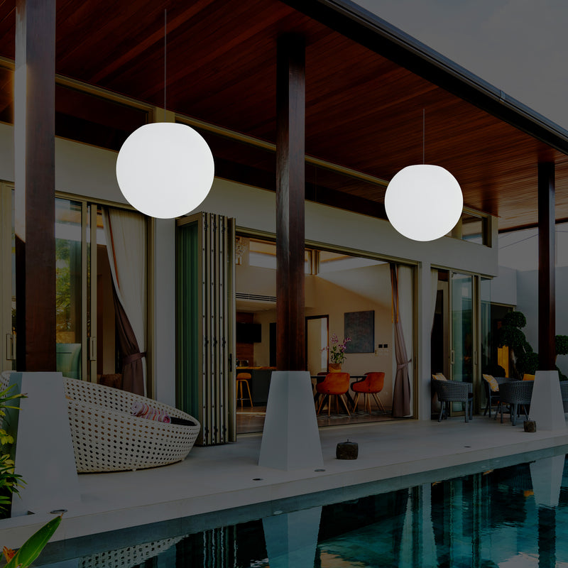 LED Terrassen Pendelleuchte, netzbetriebene Outdoor 40 cm Kugel Deckenlampe, Ball 5V Niederspannung
