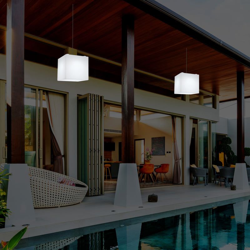 Netzbetriebene Garten Terrassen Hängeleuchte, 20 cm LED Würfel Deckenlampe mit RGB Farbwechsel