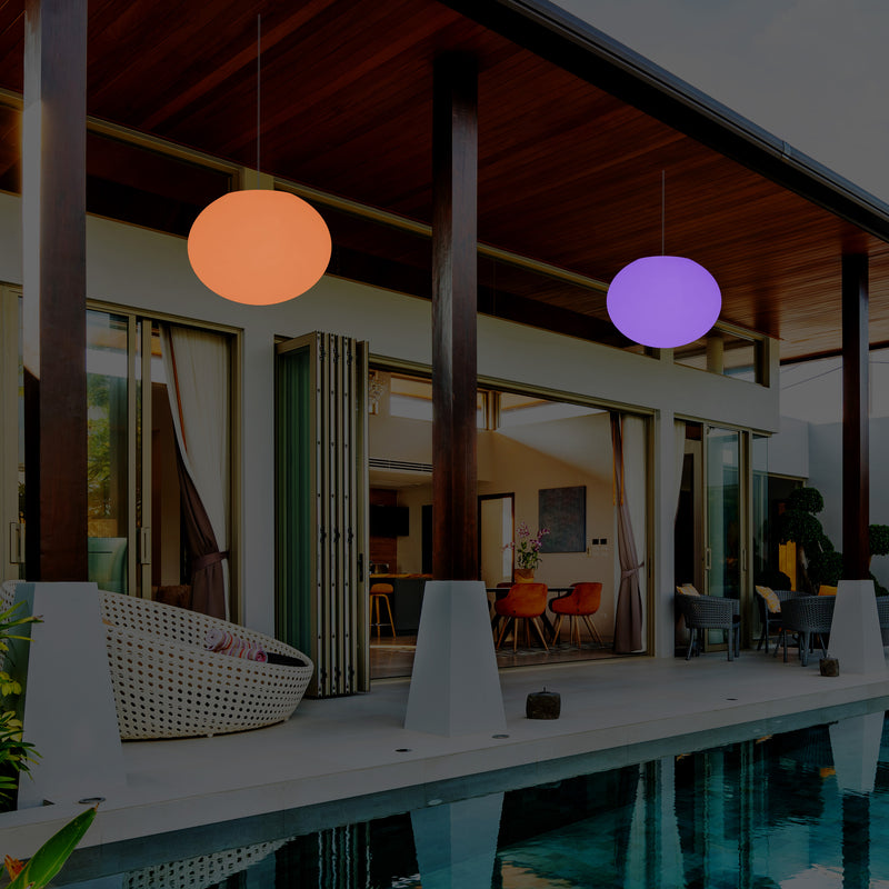 Veranda Außen Pendelleuchte, netzbetriebene LED Deckenleuchte, 27 cm, ovale Ellipse, RGB Beleuchtung