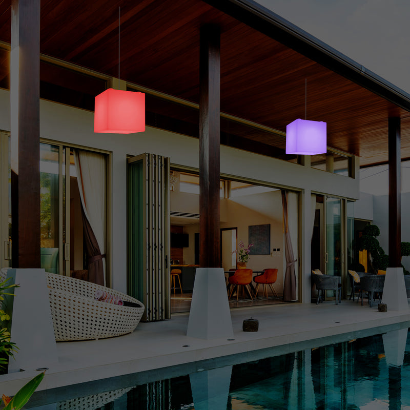LED Hängelampe für den Garten, netzbetriebene 15 cm Outdoor Würfel Hängeleuchte, Multicolor