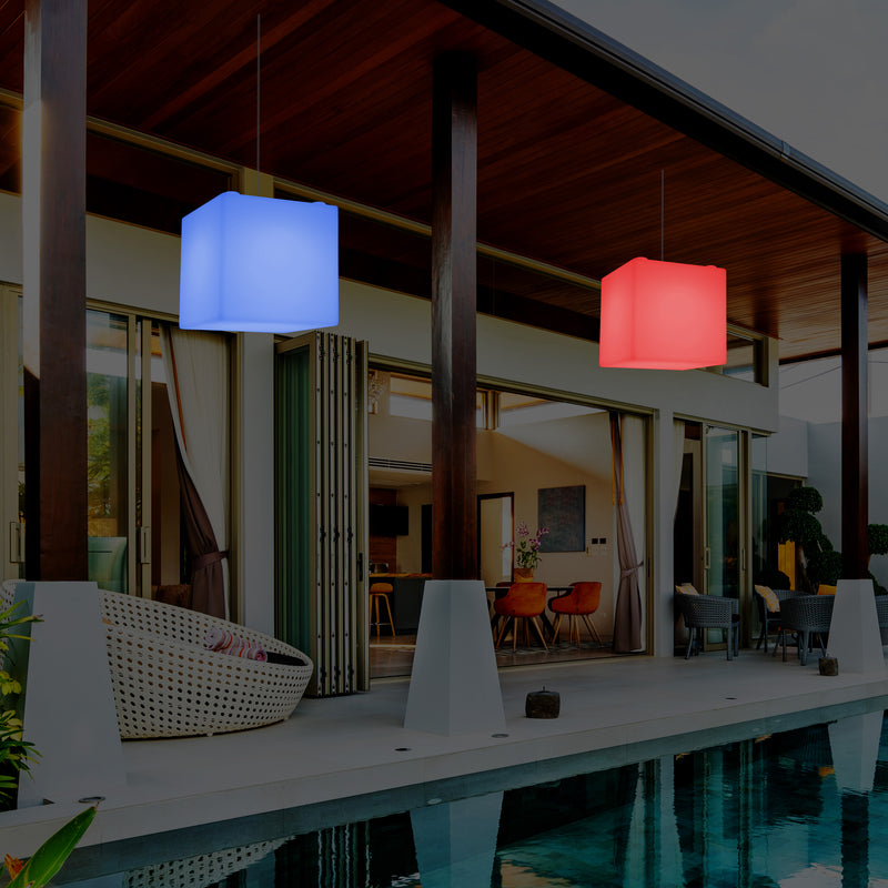 Hängeleuchte für Außenveranda, netzbetriebene LED Pendelleuchte, 30 cm Würfel, Cube mit Farbwechsel
