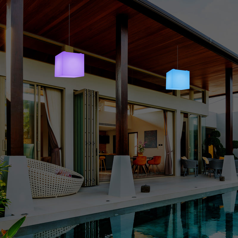 Netzbetriebene Garten Terrassen Hängeleuchte, 20 cm LED Würfel Deckenlampe mit RGB Farbwechsel