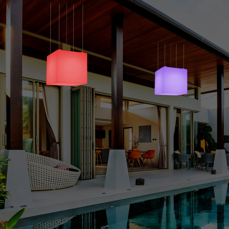 LED Hängeleuchte, Outdoor, Balkon im Freien netzbetriebene 40 cm Würfel Pendeleuchte, mehrfarbig