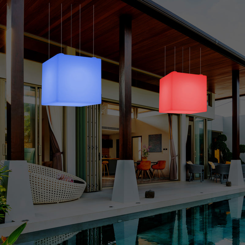 Outdoor Hängeleuchte für den Garten, netzbetriebene LED Pendelleuchte, 60 cm Würfel, Farbwechsel
