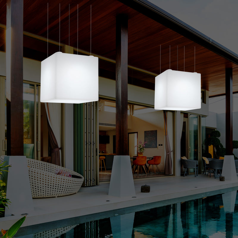 Outdoor Hängeleuchte für den Garten, netzbetriebene LED Pendelleuchte, 60 cm Würfel, Farbwechsel