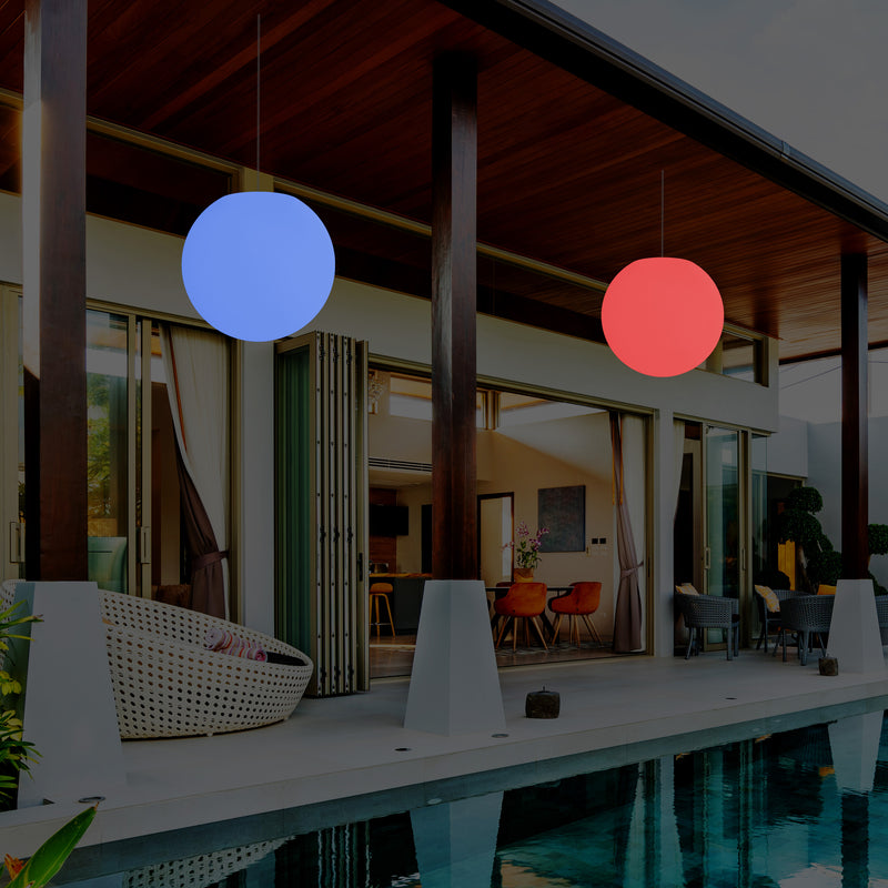 Balkon Außenleuchte, netzbetriebene LED Pendelleuchte, Ball 30 cm Kugel Hängelampe, mehrfarbig